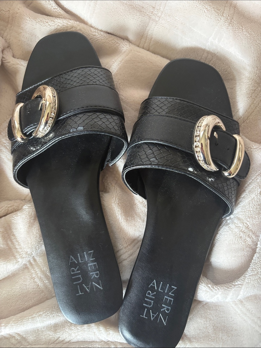 Naturalizer Black Slide Sandals with Gold Buckles